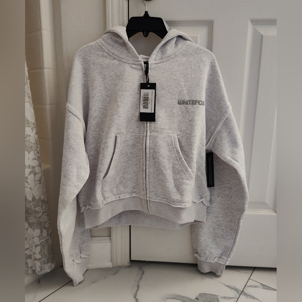 White Fox Boxy Zip Front Hoodie Grey Marle S/M